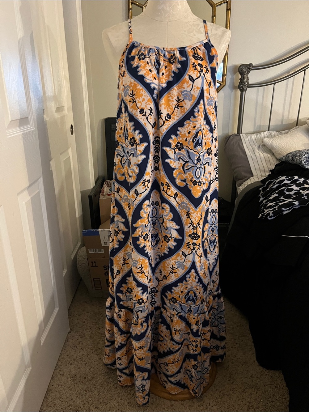 Sleeveless Navy and Mustard Floral Maxi Dress